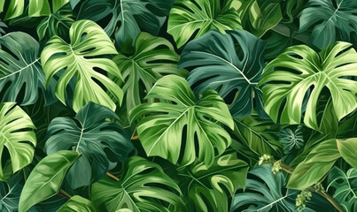 Fototapeta na wymiar Tropical leaves textured wallpaper. Colorful leaf monstera surface banner. . Created with generative AI tools