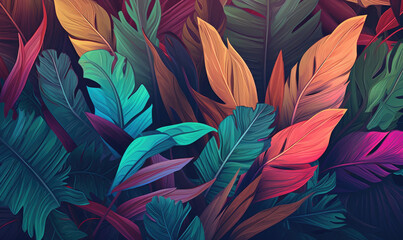 Tropical leaves textured wallpaper. Creative colorful abstract surface banner. . Created with generative AI tools
