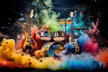 Papier Peint photo Feu rock music instruments exploding with colourful,Generative AI