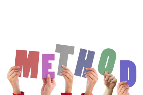 Digital png illustration of hands with method text on transparent background