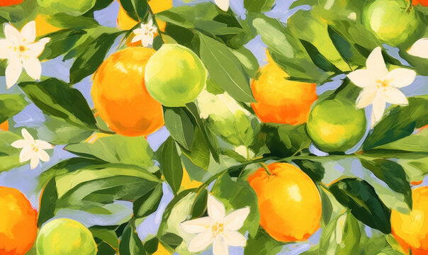 Mandarins and lime seamless pattern. Citrus fruits wallpaper. For fabric design, card.