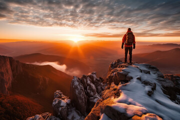 Hiker stands at the summit of a difficult mountain climb to be greeted with a beautiful view of the sunrise. generative ai