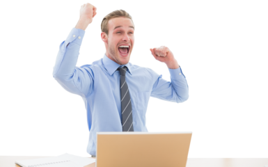 Digital png photo of happy caucasian businessman using laptop on transparent background