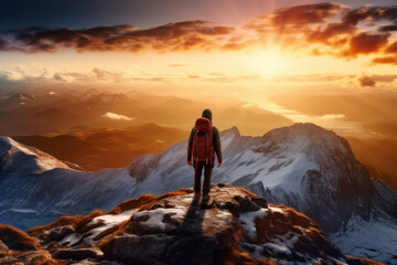 Naklejka na ściany i meble Hiker stands at the summit of a difficult mountain climb to be greeted with a beautiful view of the sunrise. generative ai