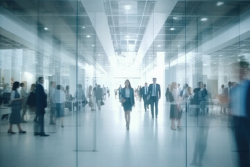 Fototapeta na wymiar realistic blurred business people in white glass office.generative ai