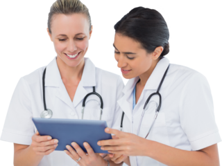 Digital png photo of happy diverse female doctors looking at tablet on transparent background