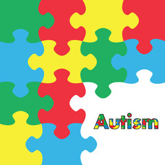 Digital png illustration of autism text with colourful jigsaw pieces on transparent background