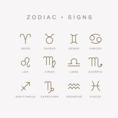 astrological sign symbols. minimalist vector. set of symbols for horoscope. 12 zodiac signs. Aries, Taurus, Leo, Gemini, Virgo, Scorpio, Libra, Aquarius, Sagittarius, Pisces, Capricorn, Cancer