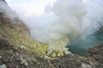 Conditions at the bottom of the Ijen crater are full of smoke and poisonous gas from sulfur