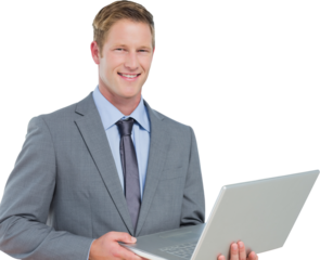Digital png photo of happy caucasian businessman using laptop on transparent background