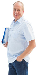 Digital png photo of happy caucasian casual businessman holding folder on transparent background