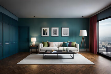 Beautiful living room with sofa and natural tone. Modern living room ideas with big glasses window