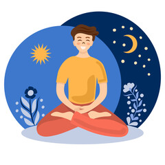 The man sits in the lotus position. A person meditates in nature in the morning and evening. Cartoon flat vector illustration.