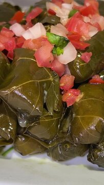 Delicious dolma stuffed grape leaves rice, white yogurt sauce. Lebanese dolma sarma on plate. Lebanon turkish greek middle eastern cuisine. name Yaprak sarma . Stuffed grape leaves.