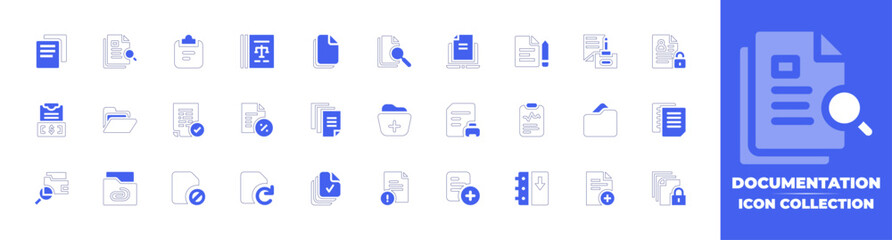 Documentation icon collection. Duotone style line stroke and bold. Vector illustration. Containing documents, research, document, legal document, laptop, personal information, folder, file, and more.