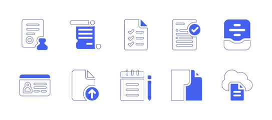 Documentation icon set. Duotone style line stroke and bold. Vector illustration. Containing stamp, document, list, exam, archive, driving license.