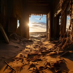 Ruins of an abandoned house in the middle of the desert.Generative AI image