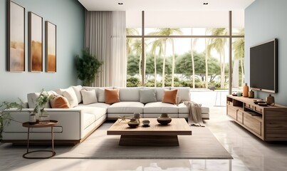 cozy modern bright light living room with sofa, generative ai