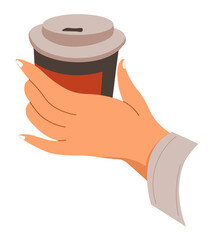 Holding plastic or paper cup with poured coffee