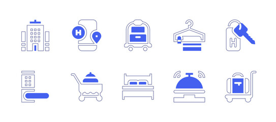 Hotel icon set. Duotone style line stroke and bold. Vector illustration. Containing hotel, bellhop, towel, handle, food cart, bed, hotel bell, luggage.
