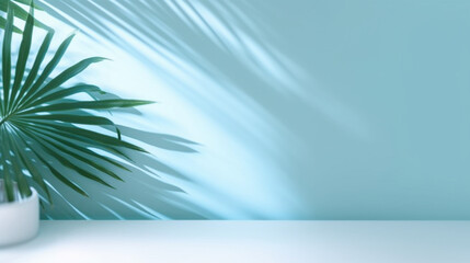 Fototapeta na wymiar Blurred shadow from palm leaves on the light blue wall, Minimal abstract background for product presentation, Spring and summer