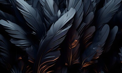 dark black feathers background as beautiful abstract wallpaper header, AI generative