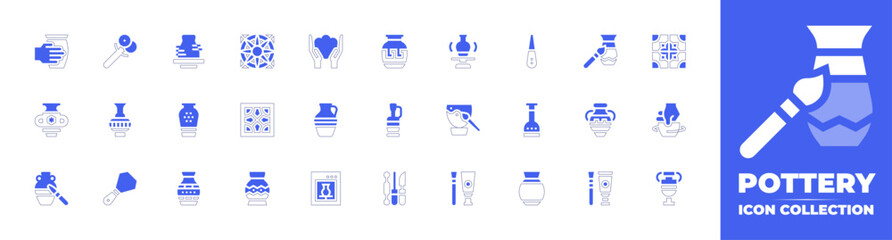Pottery icon collection. Duotone style line stroke and bold. Vector illustration. Containing vase, tool, pottery, mold, ceramic, craft, tiles, wall, painting, greece, ceramics, knife, and more.