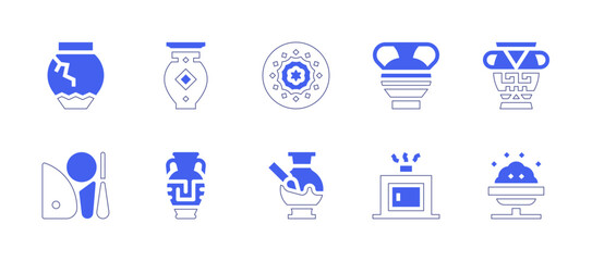 Pottery icon set. Duotone style line stroke and bold. Vector illustration. Containing adornment, porcelain, ceramics, vase, amphora, tools, ceramic, pottery, stove, clay crafting.