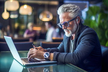 Obraz na płótnie Canvas fashioned old businessman using laptop in cafe