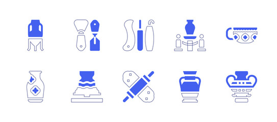 Pottery icon set. Duotone style line stroke and bold. Vector illustration. Containing pottery, tools, exhibition, mug, vase, clay crafting, roller.