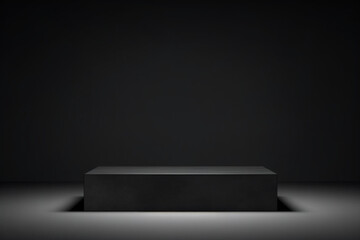 Black podium or pedestal display on dark background with long platform, Blank product shelf standing backdrop