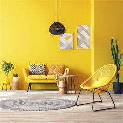 living room interior yellow theme color generative ai 
