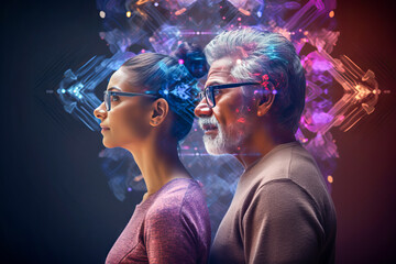 side facing portrait of an old man and woman with technology visual effect