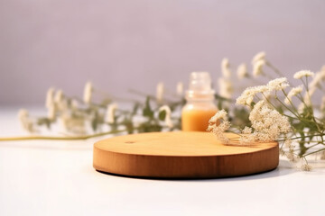 Beauty cosmetic product presentation scene made with a wooden plate and wild flowers, Summer mood background, Front view