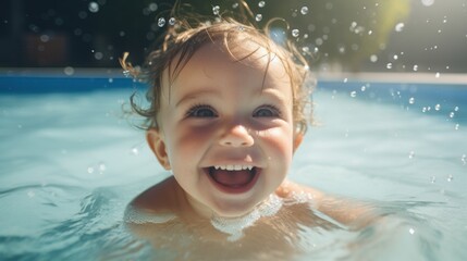 Fototapeta na wymiar Child playing in water at swimming pool. Generative AI