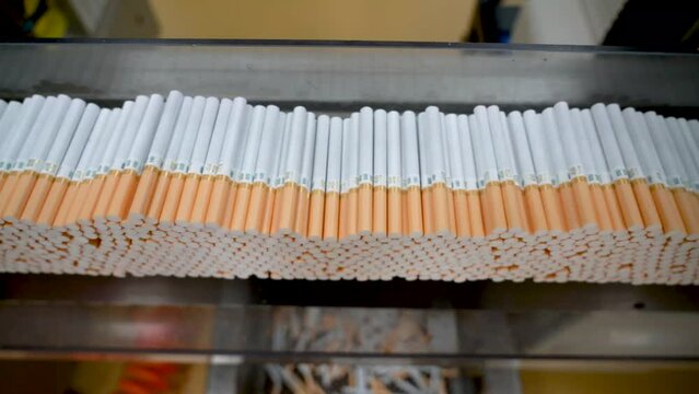 Conveyor belt assembly line for transporting cigarettes