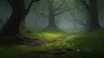 forest glade where it rains , illustration, Generative AI