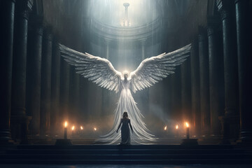 Back view of silhouette of woman kneeling in church and glowing angel with wings. Religious miracle, holy faith, hope and prayer concept illustration - obrazy, fototapety, plakaty