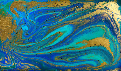 Marbled Blue Abstract Background. Liquid Marble Pattern with Gold Powder.