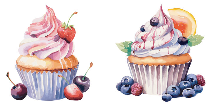 Watercolor capcake fruit clipart for graphic resources