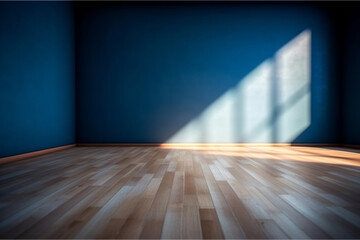 Blue empty wall and wooden floor with interesting light glare, Interior background for the presentation