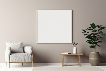 Obraz na płótnie Canvas Blank picture frame mockup on gray wall, White living room design, View of modern scandinavian style interior with square artwork mock up on wall, Home staging and minimalism concept
