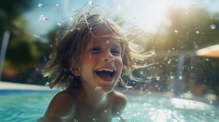 Fototapeta na wymiar Child playing in water at swimming pool
