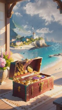Treasure chest opens on the beach which contains lots of gold. Cartoon or anime watercolor painting illustration style. seamless looping 4K time-lapse vertical video animation background.