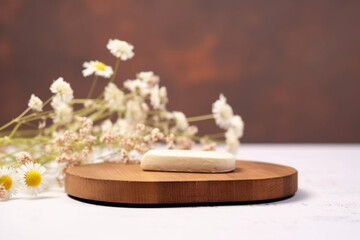 Obraz na płótnie Canvas Beauty cosmetic product presentation scene made with a wooden plate and wild flowers, Summer mood background, Front view