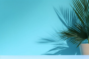 Blurred shadow from palm leaves on the blue wall, Minimal abstract background for product presentation, Spring and summer