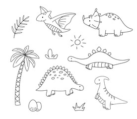 Set of cute little baby dinosaurs. Vector outline doodle illustrations isolated on white
