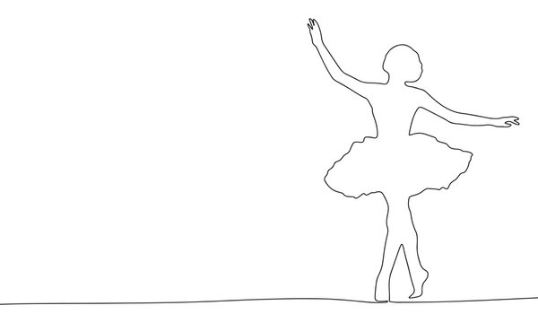 Silhouette of ballerina. Concept of dance ballet banner. One line continuous minimalism vector illustraiton. Line art, outline.