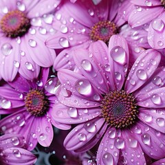 Water droplets on purple flower petals in close up. (Generative AI)
