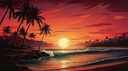 A sunset paints a tropical beach with palm trees. (Generative AI)
